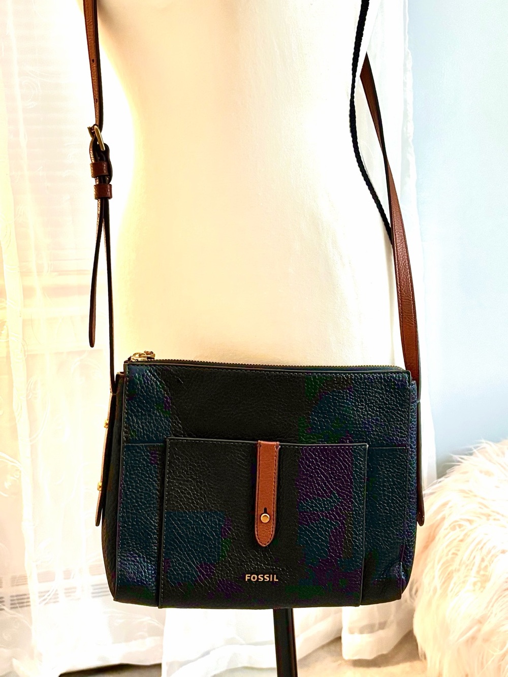 Fossil Black Leather Crossbody with Brown Strap Accent